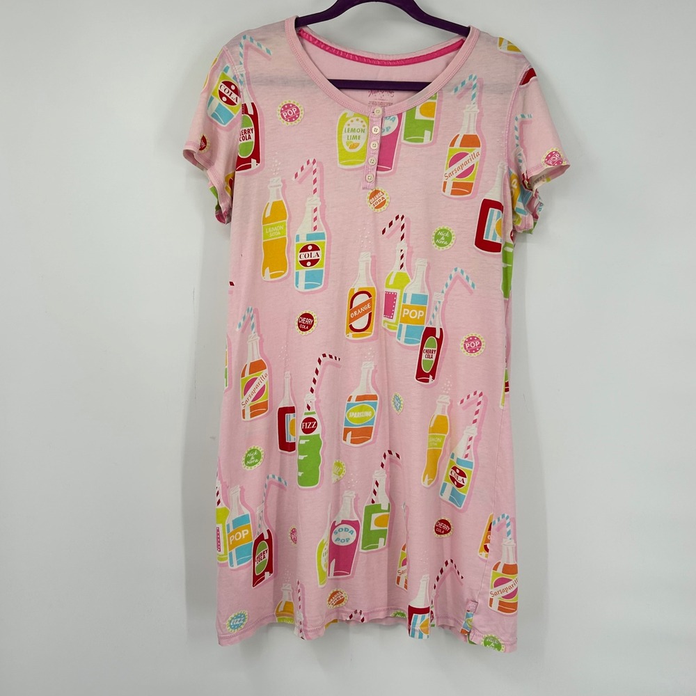 Nick & Nora Pink Soda Pop Cola Bottle Print Cotton Henley Nightshirt Large